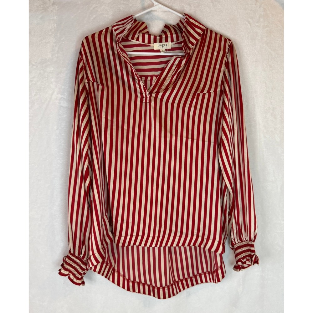Umgee Red Ivory Striped Blouse L Smocked Cuff Long‎ Sleeve Popover Top